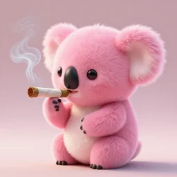 high quality 3 d render hyperrealistic very cute small pink koala smoking weed joint, rising smoke, plush mascot, short spiky dense fluffy smooth hair, photo from the side, pink fluffy fur, 1 5 0 mm, beautiful natural soft light, rim light, vray, smooth background, artstation, ultra detailed