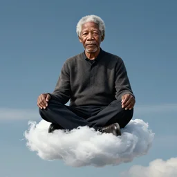 Full Body Extreme Detailed Full and Isolated and singular portrait of Morgan Freeman sitting on a Cloud in the sky. His legs are crossed lotus position in the scene is full of clouds by Ilya Kuvshinov and Greg Rutkowski