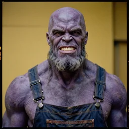 far view, extremely skinny malnourished purple thanos with long beard, wearing dirty overalls, dirty greasy face, grin, portrait, close up, kodak gold 2 0 0, 5 0 mm,