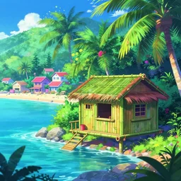 lush tropical sea saturated vaporwave colors matte animation cel still of a cute bamboo shack in the bay seaside town vibrant detailed 1 9 9 0 anime sharp, rendered in unreal engine 5, anime key art by greg rutkowski, bloom, dramatic lighting