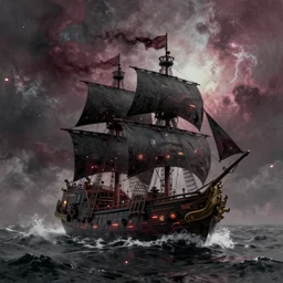 an impressionist image of a tumultuous seascape with a cyberpunk pirate ghostship sailing. smoke black and maroon colour scheme. atompunk. intricate masterpiece. circuitboard. sparks. muted colours. heavenly glow. nebulae. plasma. guy denning and mark brooks