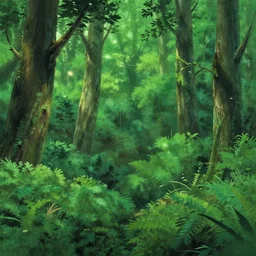 A lush green forest by Ghibli Studio, digital art, immaculate scale