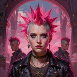 oil painting, punk, pretty face, rich deep colors masterpiece, pink, people with mohawks, neon, ultra detailed, contrast, heaven pink, arches, clouds, sky, volumetric light, atmospheric lighting, dramatic, cinematic, steampunk, moody, octane render 4 k, 8 k