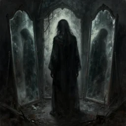 dark fantasy painting of disturbing figure standing in the mirror, mirrors, haunting, haunted