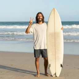 jesus on the beach holding his surf board giving the peace sign