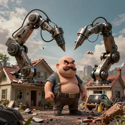 huge mechanical drill arms on a tiny grumpy chunky bald handyman with mustache, in a wrecked home, full body, bad acid trip, hyperrealistic digital art masterpiece, highly detailed neo pop surrealism, jason limon kay sage hannah yata, dramatic lighting, low angle, uhd 8 k, sharp focus