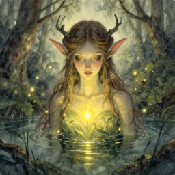 dryad fae whose chest is covered rising from a forest pond, fireflies flying. watercolor fairytale art, russian romanticism, muted palette, intricate details, backlighting