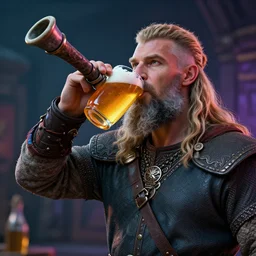 photorealistic viking sipping mead out of a mead horn in the style of michael whelan. hyperdetailed photorealism, 1 0 8 megapixels, amazing depth, high resolution, 3 d shading, 3 d finalrender, 3 d cinematic lighting, glowing rich colors, psychedelic overtones, artstation concept art.