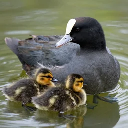 a crossbreed of a common coot and a duck, with chicks, photo