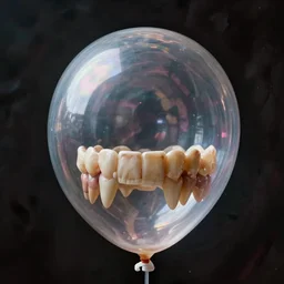 a transparent balloon filled with human teeth, horror, dark, ominous,