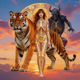 illusionary art tiger sunset psychedelic trippy gorgeous beautiful pretty girl in the sky by victo ngai hyperrealism alphonse mucha human anatomy structure skeleton demon tense psychedelic illusionary art thibault girard