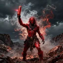 a pyromaniac with red skin and multiple molotov cocktails in hand