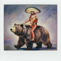 Mexican wrestler riding a bear by david alan, polaroid, expresive brush, 8k