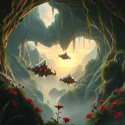 a photo of futuristic flying vehicles hurtling through a lush prehistoric jungle cave, mountains, vines, water, scattered red flowers, sunset, lush flora, beautiful artwork, volumetric lighting, haze, hyperrealistic, 8 k