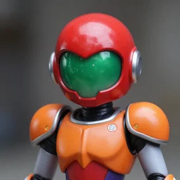 helmet portrait of a figurine of samus aran's varia power suit from the sci - fi nintendo videogame metroid. designed by hiroji kiyotake. glossy. red round helmet, orange shoulder pads, green visor. shallow depth of field. suit of armor.