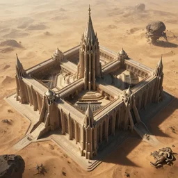 , bird eye view, immense squared crematorium gothic architecture advanced technology scifi architectural structure desert planet alien wardrobe tim hildebrandt, wayne barlowe, bruce pennington, donato giancola, larry elmore, masterpiece, trending on artstation,, cinematic composition, dramatic, beautiful lighting