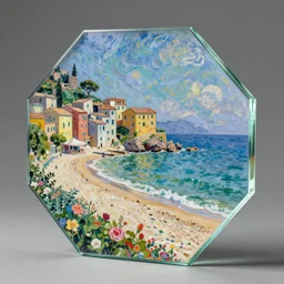 Giant Octagonal solid glass prism containing a sunny Italian beach scene, reflecting super real highly detailed ,painted by Monet and Van Goph and Rose Maynard Barton