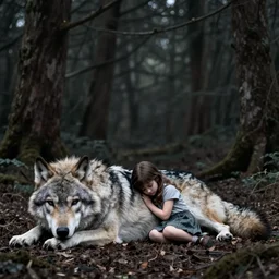 a wolf lays on the ground with a girl huddled against in a dark forest, in the style of artgerm and charlie bowater and atey ghailan and mike mignola, epic lighting, vibrant colors and hard shadows and strong rim light, very cohesive, cover comic, plain background, trending on artstation