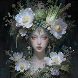 portrait of the young goddess of iridescent flowers descend into the dimmed cyberpunk lights, unusually unique beauty with large elaborate headdress of flowers and plants and vegetables, emotionally evoking symbolic metaphors, head in focus, fantasy, heavily gothic ornamental, intricate, elegant, sensual, highly detailed digital painting, artstation, concept art, golden ratio, sharp focus, illustration, art by greg rutkowski and alphonse mucha,