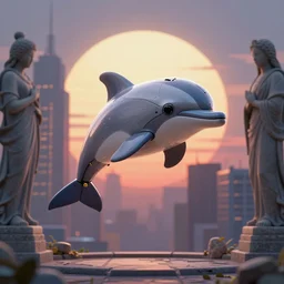 an adorable mechanical dolphin floating over a vamporwave city beneath a setting sun, symmetrical stone statues on either side