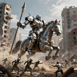 digital art of abandoned city, a gaint robot knight riding horse and hold a spear charging at the enemy, octane render, unreal engine, high detailed, realistic, cinematic lighting