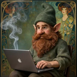 young gnome - like man, oversized brown beard and mustache, macbook on his lap, wispy smoke, surreal, art nouveau, photorealistic, octane render, unreal engine, mucha, magritte, artgerm, greg rutkowski, trending on artstation, super detailed, 8 k, control the soul