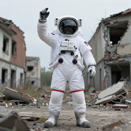 american white spacesuit astronaut winning pose in postapocalyptic abandoned destroyed legnica, wrecked buildings, destroyed flipped wrecked cars, polaroid photo, vintage, neutral colors, rainy day, by gregory crewdson