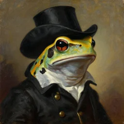 a head and shoulders portrait painting of an anthropomorphic!!!!!!!!!! amazon milk frog!!!!!!!!!! wearing a black!!!!!!!!!! colonial outfit without a hat looking off camera, a character portrait, romanticism, oil on canvas, visible hatched brushstrokes, intense color
