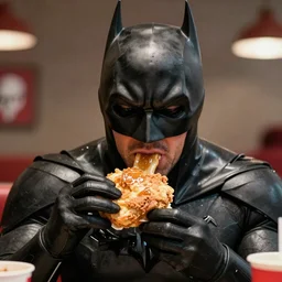 Hyper-realistic photo of Ben Affleck's Batman eating at KFC. Extremely detailed. Beautiful. 4K. Award-winning