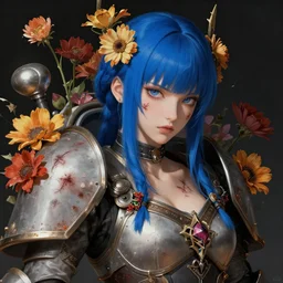 portrait of beautiful young mainem, warhammer, japanic style, cyberpunk, a lot of scars, more and more flowers, blue head, the middle ages, highly detailed, artstation, illustration, art by jean delville, 8 k quality