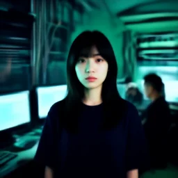 portrait of lain iwakura, background room full of cables and computers, bright displays, blue and green tones by yoshitoshi abe, ruan jia and joao ruas, atmospheric