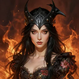 fantasy portrait, witch, 4 eyes, black hair, crow helmet, floral dress, intricate detail, photorealistic, elegant, stylish, highly detailed, digital painting, artstation, concept art, smooth, sharp focus, illustration, art by artgerm and greg rutkowski and terese nielsen, fire scheme