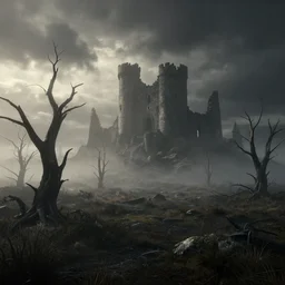 beautiful render of a eerie and desolate landscape, unreal engine, dark, first light, dead trees, moor, morning mist, dramatic clouds, big castle ruin, soft light, by greg rutkowski, cgsociety