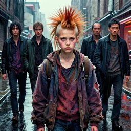 homeless girl portrait, rainy street, mohawk bleached hair, torn clothing, richard avedon, martin schoeller, victor ngai, id magazine, epic scene, david cronenberg, kilian eng vibrant colours, dynamic lighting, intricate illustration, detailed, beksinski, dan mumford, artstation, greg rutkowski, sharp focus, photoreal, 8 k
