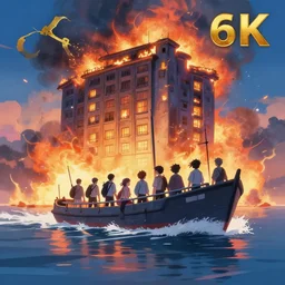 a boat fly out of a burning hotel. vibrant colors, soft lighting, adventurous, atmospheric lighting, 8 k, octane render. by makoto shinkai, stanley artgerm lau, wlop, rossdraws, james jean, andrei riabovitchev, marc simonetti, krenz cushart, sakimichan, d & d trending on artstation, digital art.