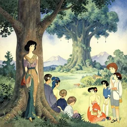 vintage cinematic landscape watercolor by bruce pennington and by mary cicely barker, portrait of a lady in front of a tree by francois schuiten and by yoshitaka amano, 7 0 s sci - fi art book cover by mary blair, craig russel art, japanese woodblock, the supermassive lush magic tree controls the forests of the world by makoto kobayashi and