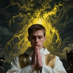 Close up of a young, thin and stern catholic priest in his thirties fervently praying as he is about to die from the ominous terrifying Lovecraftian yellow shadow descending upon him from the night sky. Low angle, dramatic lighting. 4K photograph, 85mm sigma art lens