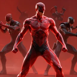 translucent realistic slim muscular male light armor suit tight clothes superhero in battle, red and black, fantasy digital art, vivid color style artstation, style greg rutkowski and frank frazetta and mucha and richard corben, octane render, unreal engine 6, epic game graphics, fantasy, conceptual art, ray tracing, specular highlight