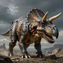 triceratops in heavy armor, with shark head, biomechanica, hard surface, details, realism, in style of artgerm, greg rutkowsky, vasily shishkin