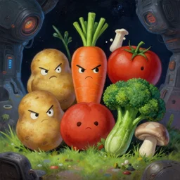 angry vegetables ( potato, carrot, tomato, broccoli, cucumber, mushroom ) in a space station | anime horror lovecraft oil painting high resolution scifi surrealistic adventure time cartoon ghibli inspired 4 k