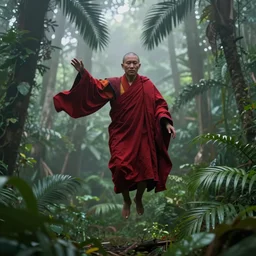 flying tibetan monk in weightlessness inside tropical jungle forest with palm leaves. dressed in traditional red cloth, foggy and gloomy, highly detailed, photorealistic, abstract, deform with liquid glsl shader in processing