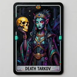 a death tarot card featuring a voodoo priestess holding a golden monkey skull, by anton semenov, cyberpunk voodoo, oil on canvas, neon blacklight colorscheme