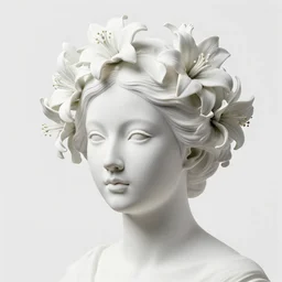 full head and shoulders, beautiful female porcelain sculpture by daniel arsham and james jean, smooth, all white features on a white background, delicate facial features, white eyes, white lashes, detailed tangled white lillies and lillie leaves on the head, volumetric lighting
