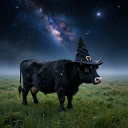 a detailed picture in the style of harry potter of stars and a nebula shaped like a cow in a grassy field wearing a witch hat, cow wearing hat!!! viewed in profile and far away, fog in the background, ultrawide lens, aerial photography, black and blue color scheme with gold highlights, art in the style of studio ghibli and terry pratchet, artstation, 8 k
