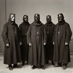 19th century photo of a cult dark old cultists wearing masks by Louis Daguerre
