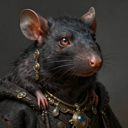 gruntly halfling mage with dark skin and a rat-like face ,beautiful detailed eyes, dirty, fantasy, intricate, rough, highly detailed, digital painting, 4k, HDR, concept art, detailed jewelry, smooth, sharp focus, illustration, art by Artgerm, H R Giger and Alphonse Mucha
