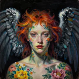 pre-raphaelite punk rock dark rainbow noir angel painting, floral detail, face tattoo, by Abigail Larson, Anton Fadeev
