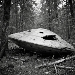 huge crashed ufo wreckage in the forest, black and white photo, cinematic, found footage