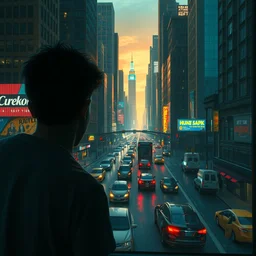 beautiful matte painting of boy looking from his room on traffic jam on the streets of cyberpunk new york by greg rutkowski