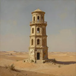 an oil painting of an old decaying tower in the middle of a vast desert, fantasy, hyper realistic, atmospheric lighting, 8k,